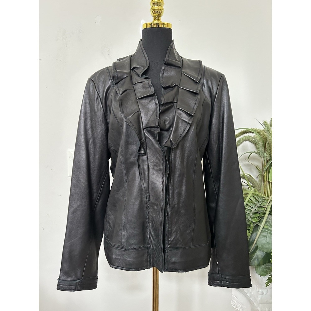NWT Tahari Black Leather Jacket Ruffle Collar Moto Goth Coquette Whimsigoth XL - Picture 5 of 10
